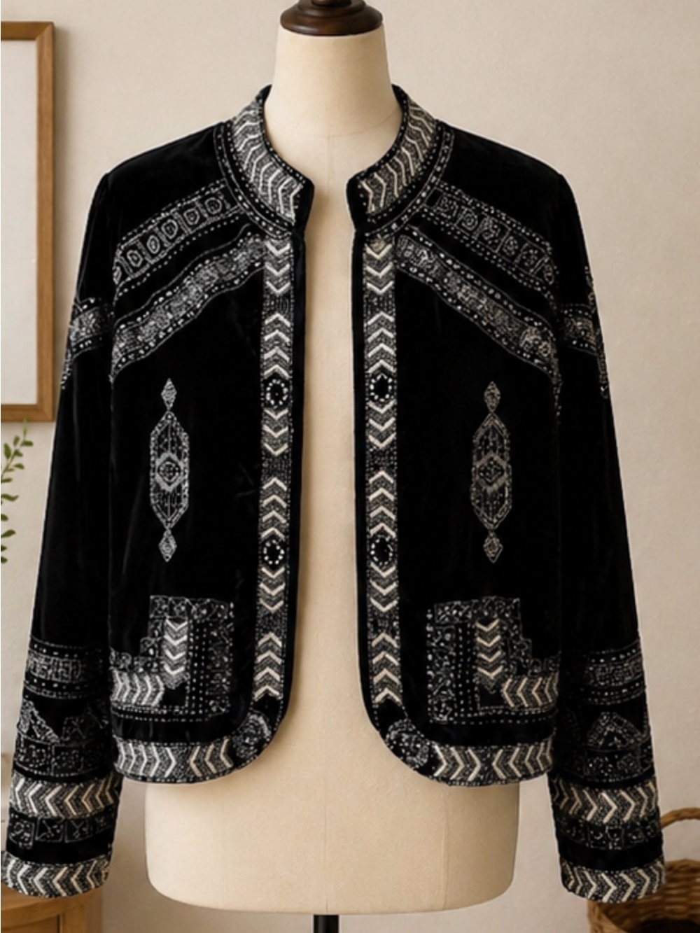 RAGA Black Velvet Embroidered Open-Front Jacket